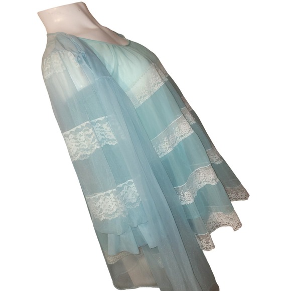 Miss Elaine 1960s Chic Blue Chiffon Lace Short Nightie w Sheer Robe 3/4 slv S/M - Picture 12 of 16